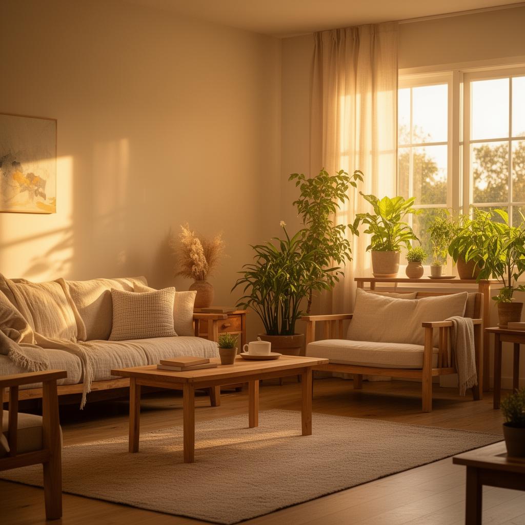 A warm, sunlit recovery home living room with natural wood furniture and plants
